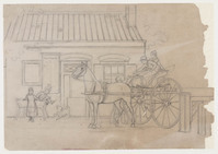 KT 1854
<br/>
open paardekoets bespannen met één paard bij tolhuis
<br/>
<em>Famars Testas, Willem de (1834-1896)</em>